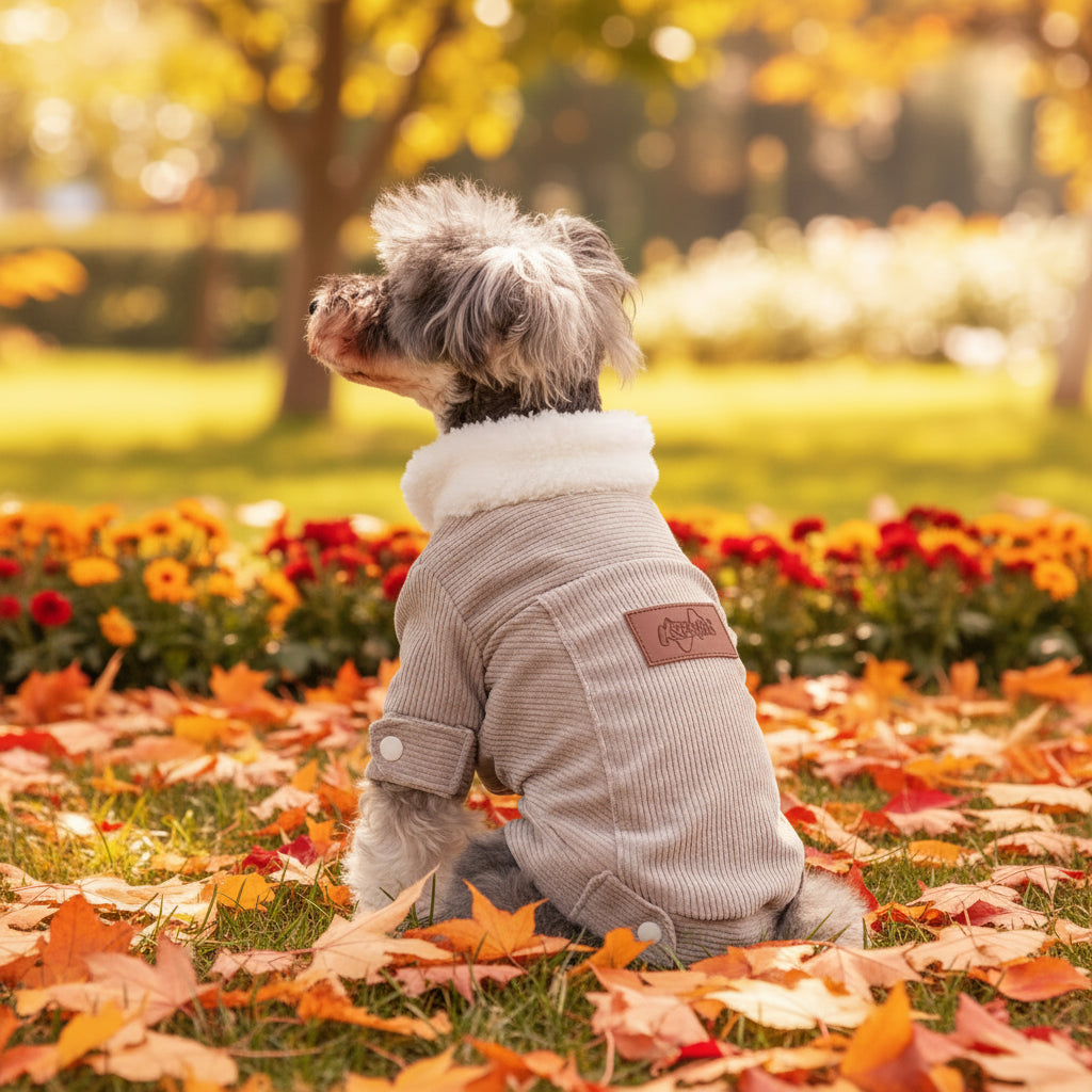 Small dog wearing a gray corduroy outfit with a white collar, standing on a light-colored floor.