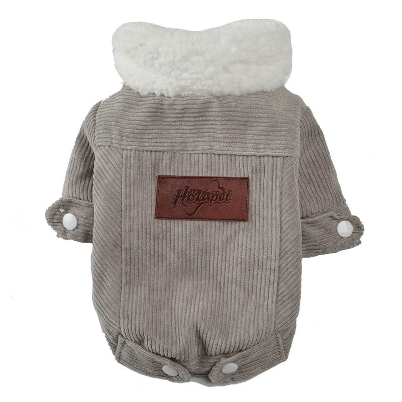 Dog coat with white fur hood and brown corduroy body