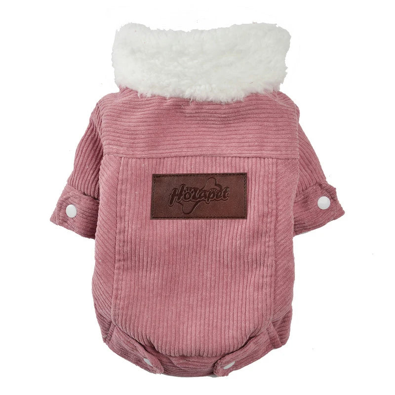 Pink corduroy dog romper with white fur lining