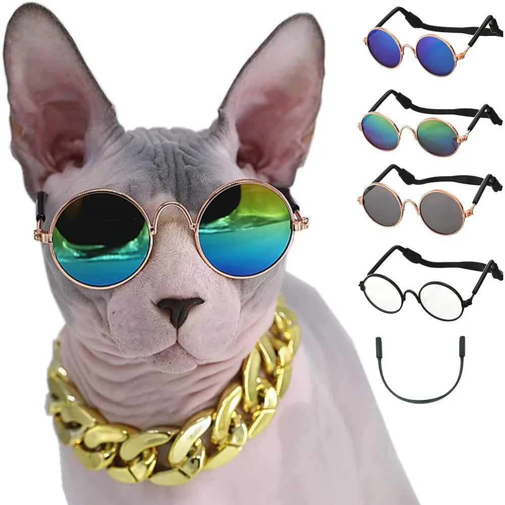 Cat Dog Funny Round Metal Retro Sunglasses with Anti Slip Belt