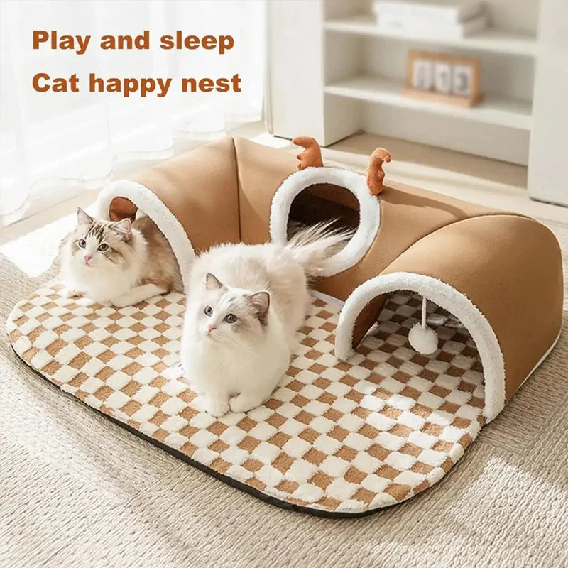 Winter Indoor Warm Plush Cat Bed with Reindeer Appearance Hide and Seek Tunnel