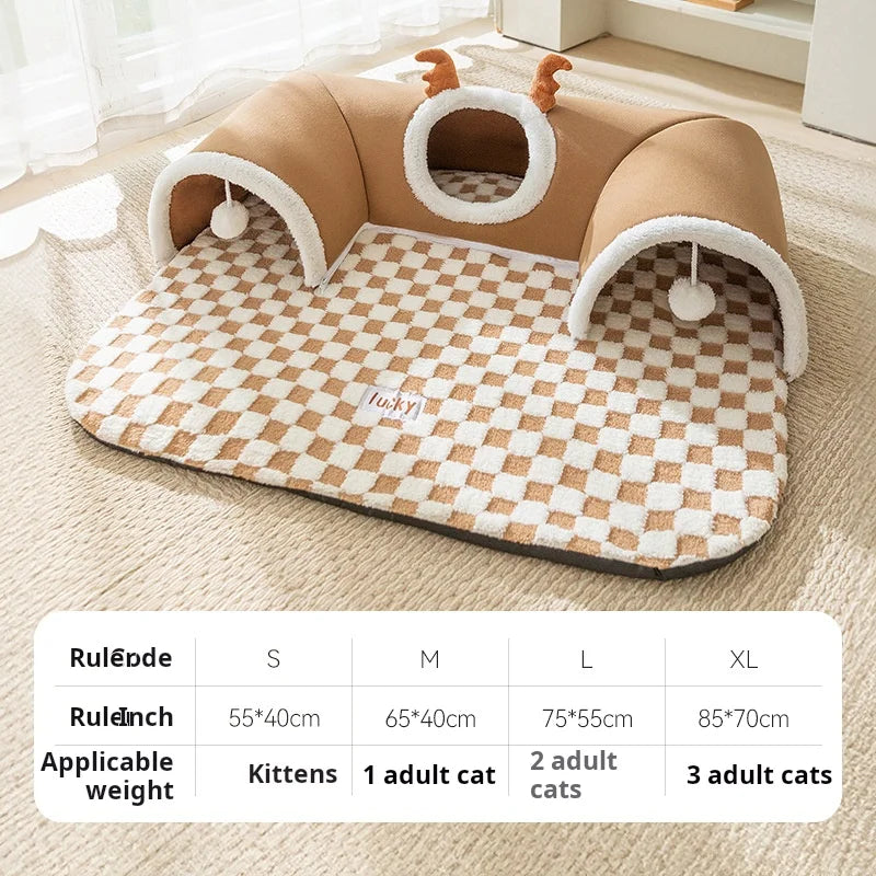 Winter Indoor Warm Plush Cat Bed with Reindeer Appearance Hide and Seek Tunnel