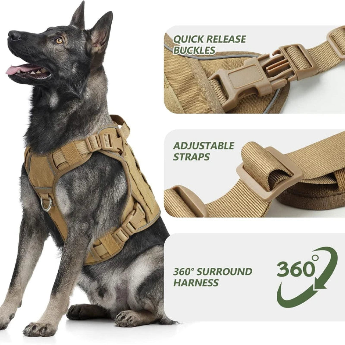 A German Shepherd wearing a tan tactical-style dog harness, shown with three inset detail panels highlighting quick-release buckles, adjustable straps, and a 360° surround harness design