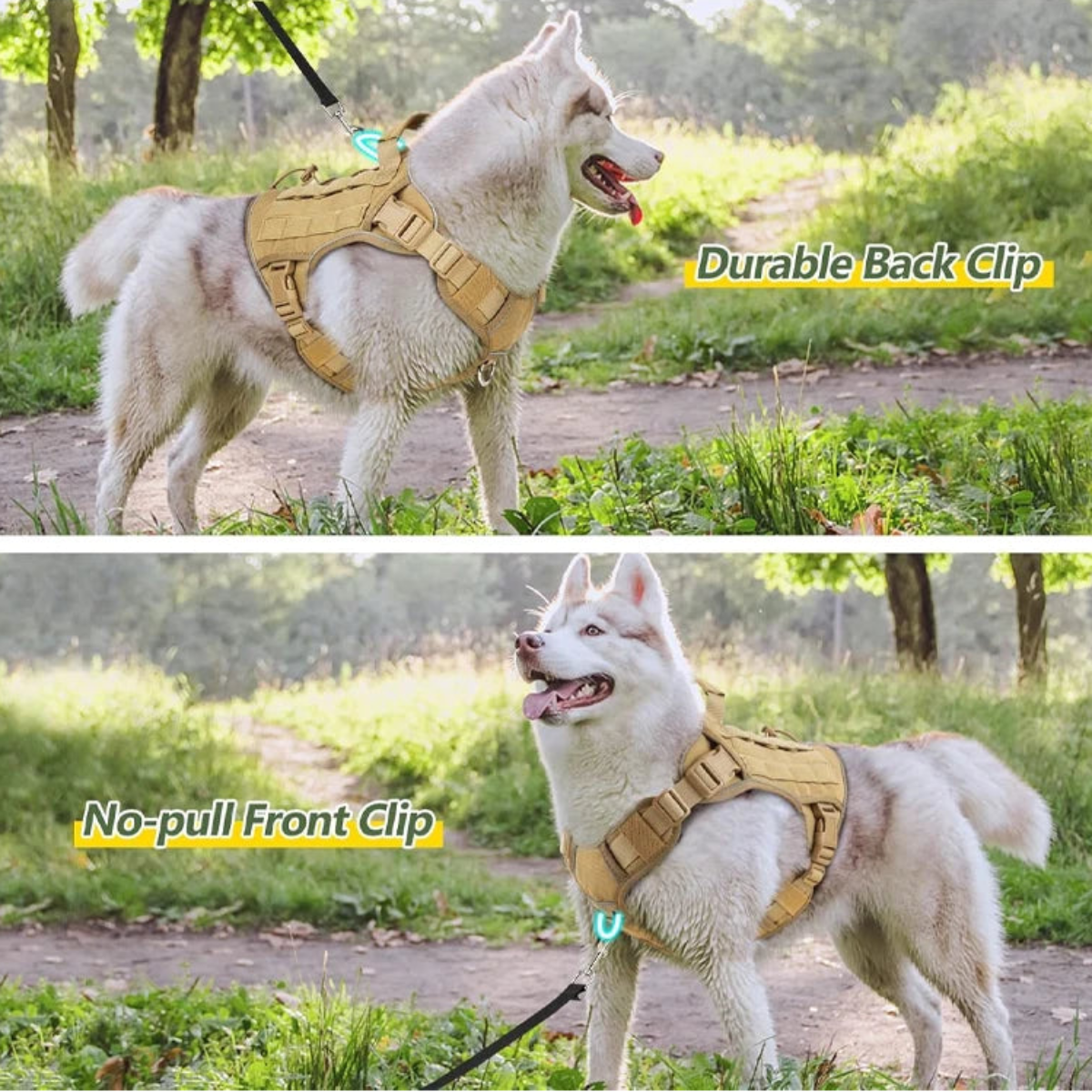 A white husky outdoors wearing a tan harness attached to a leash, shown in two panels with text callouts reading 'MULTI-PURPOSE LEASH CONTROL,' 'Durable Back Clip,' and 'No-pull Front Clip.'