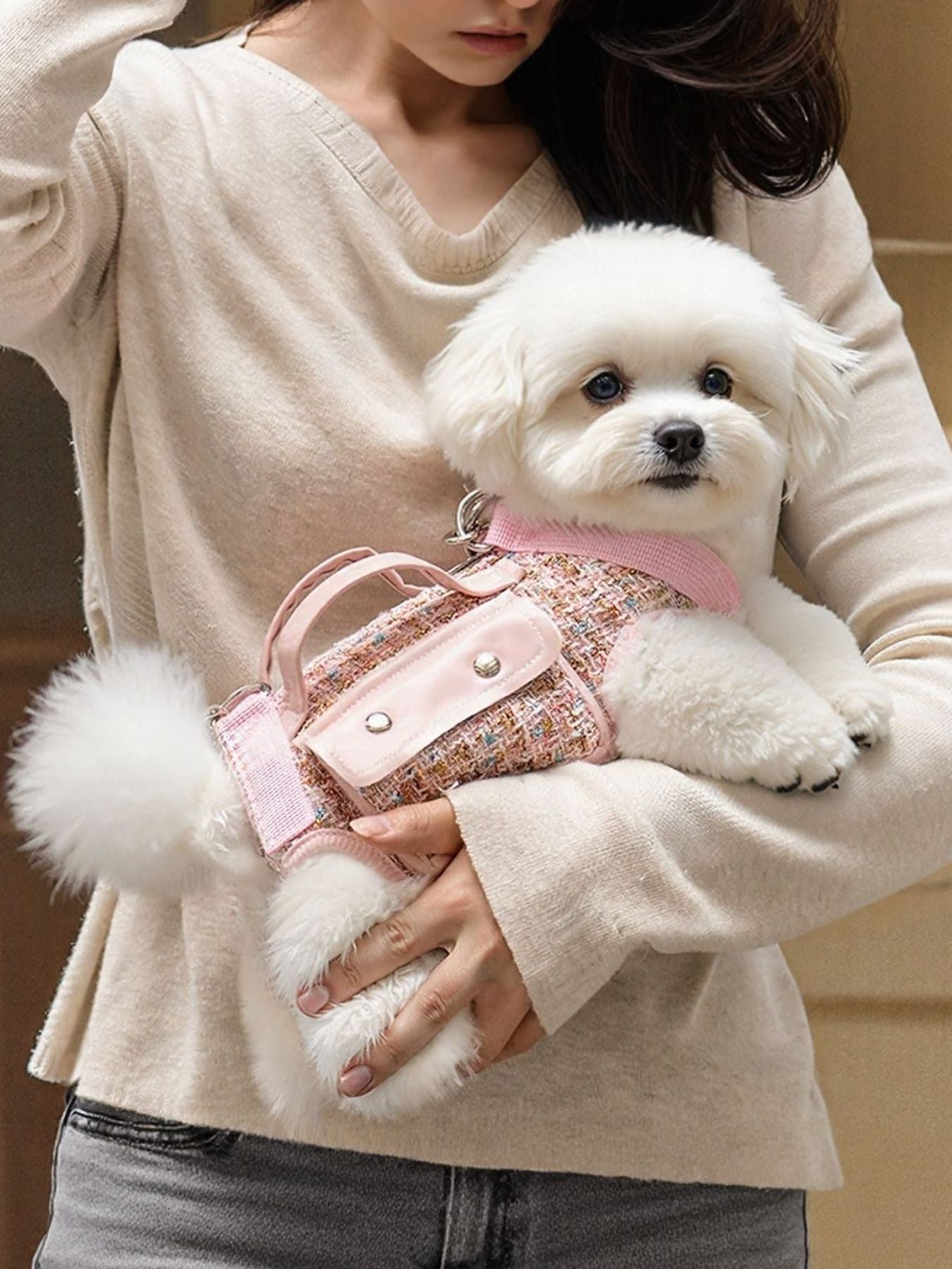 Tweed Dog Harness with Leash Strap