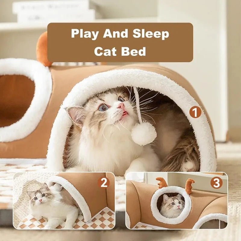 Winter Indoor Warm Plush Cat Bed with Reindeer Appearance Hide and Seek Tunnel - Best Buddy Store