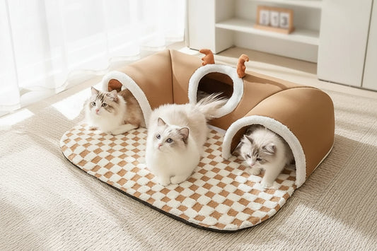 Winter Indoor Warm Plush Cat Bed with Reindeer Appearance Hide and Seek Tunnel - Best Buddy Store
