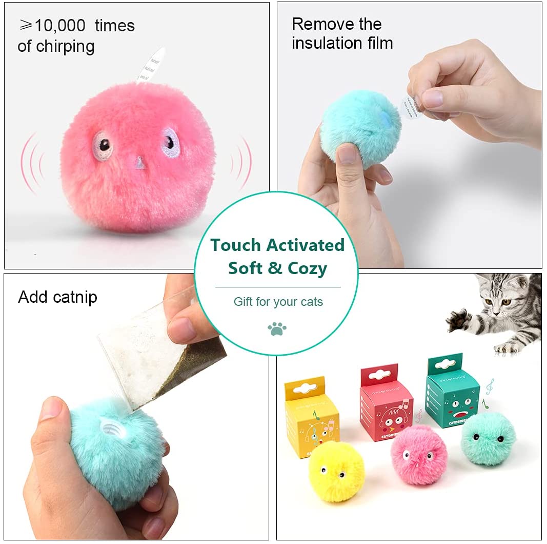 3 Pack Fluffy Interactive  Cat Ball Toys Chirping Balls | Best Buddy